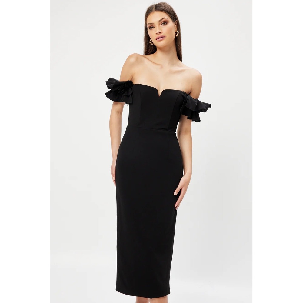 NWT Elliatt Creole Dress Black Off Shoulder Ruffle Sleeve Midi Small